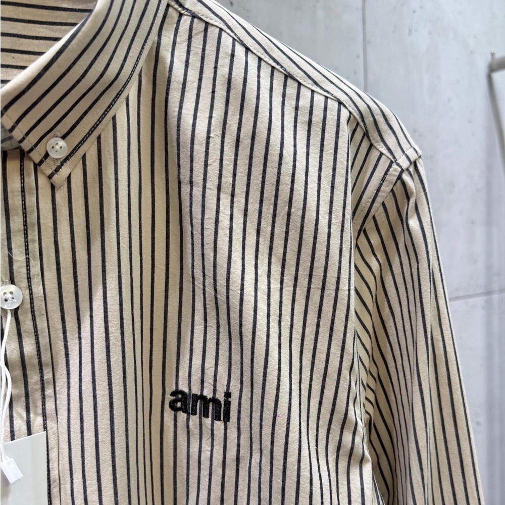 NWT AMI Paris Brown & White Striped Cotton Button-Down Shirt with Logo - Picture 5 of 8